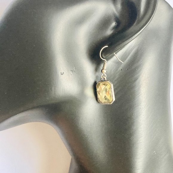 Emerald Radiant Cut Yellow Topaz Crystal Earrings Silver Tone Plated Dangle - Picture 3 of 12